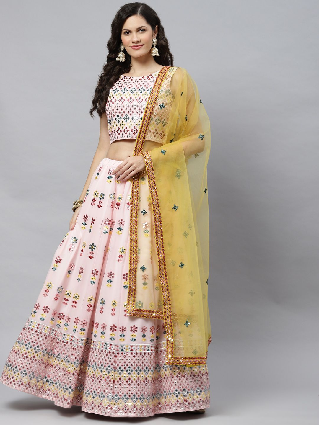 SHUBHKALA Pink Embroidered Mirror Work Semi-Stitched Lehenga & Unstitched Blouse With Dupatta Price in India