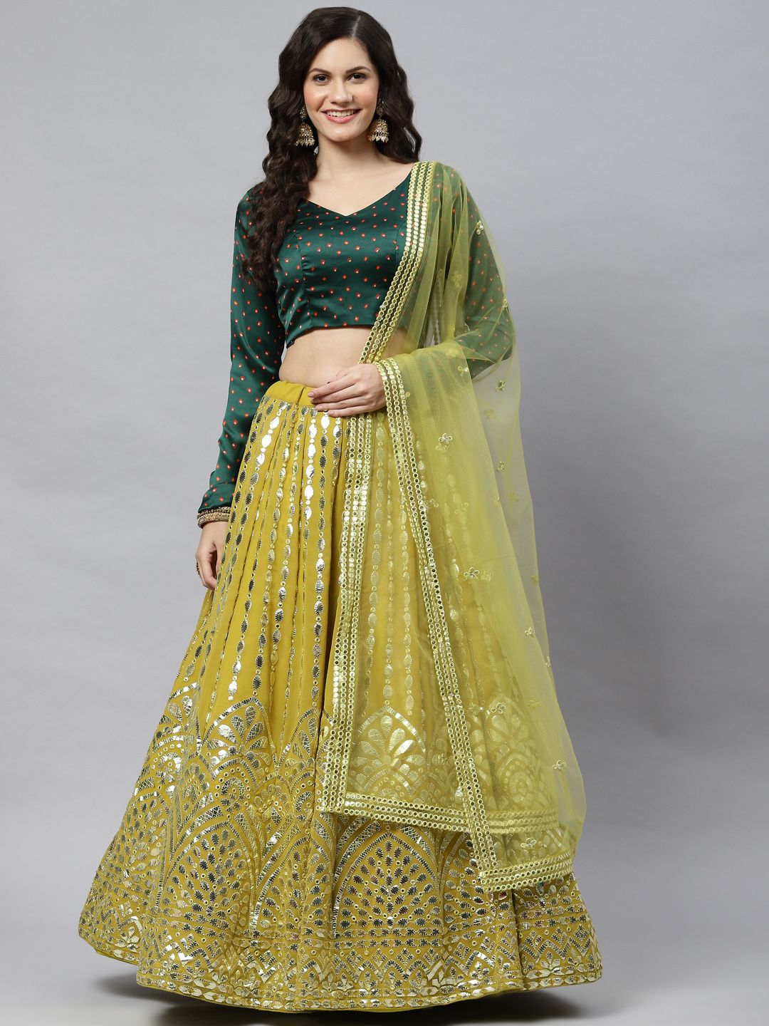SHUBHKALA Green Printed Semi-Stitched Lehenga & Unstitched Blouse With Dupatta Price in India