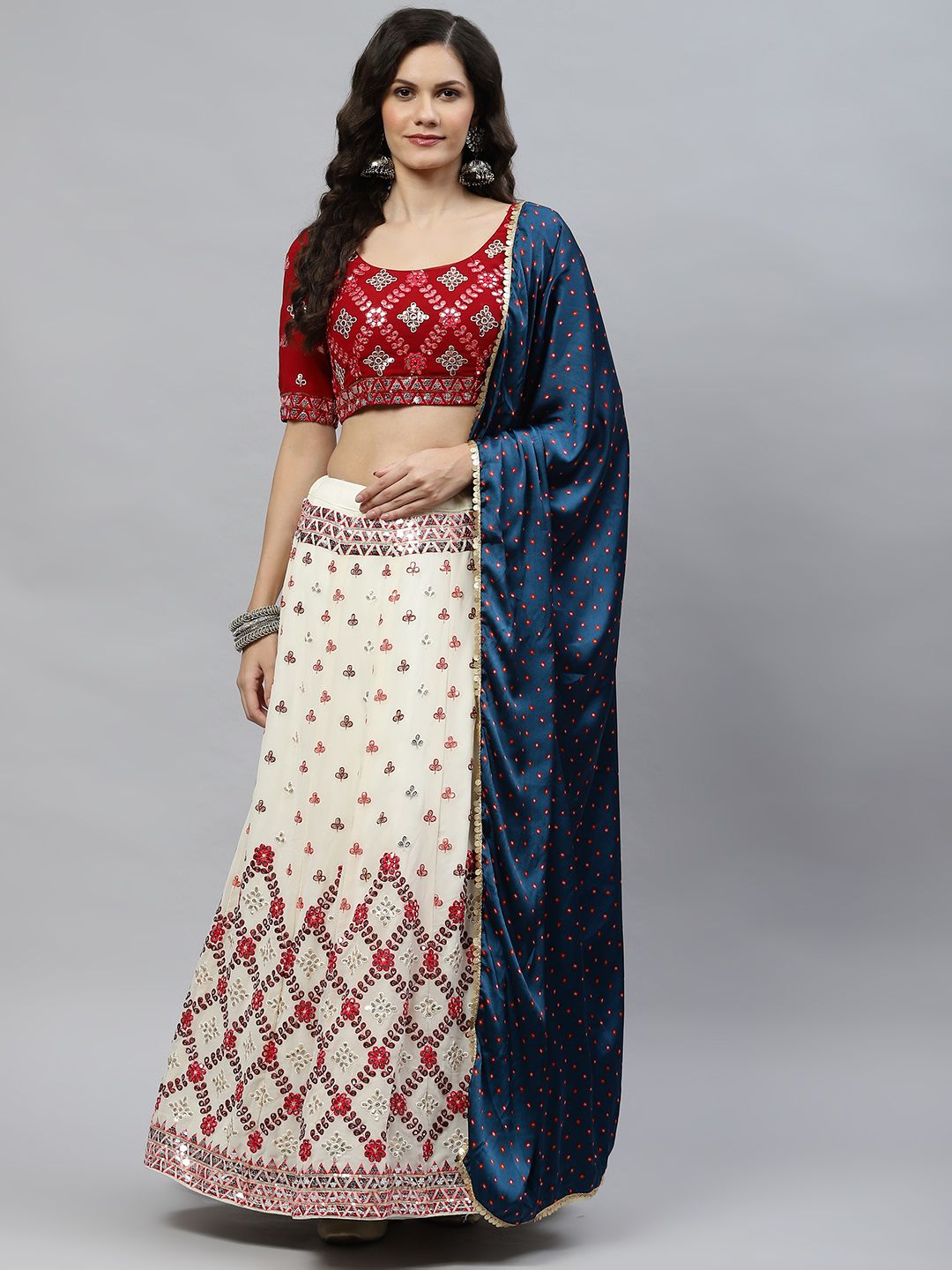 SHUBHKALA Off White & Maroon Embroidered Sequinned Semi-Stitched Lehenga & Unstitched Blouse With Dupatta Price in India