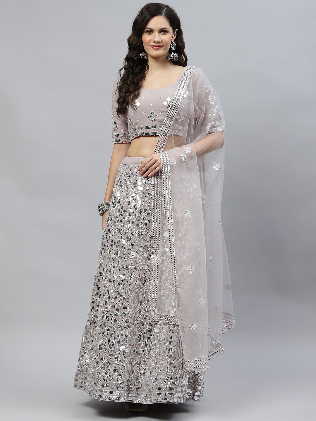 SHUBHKALA Grey Embellished Mirror Work Semi-Stitched Lehenga & Unstitched Blouse With Dupatta Price in India