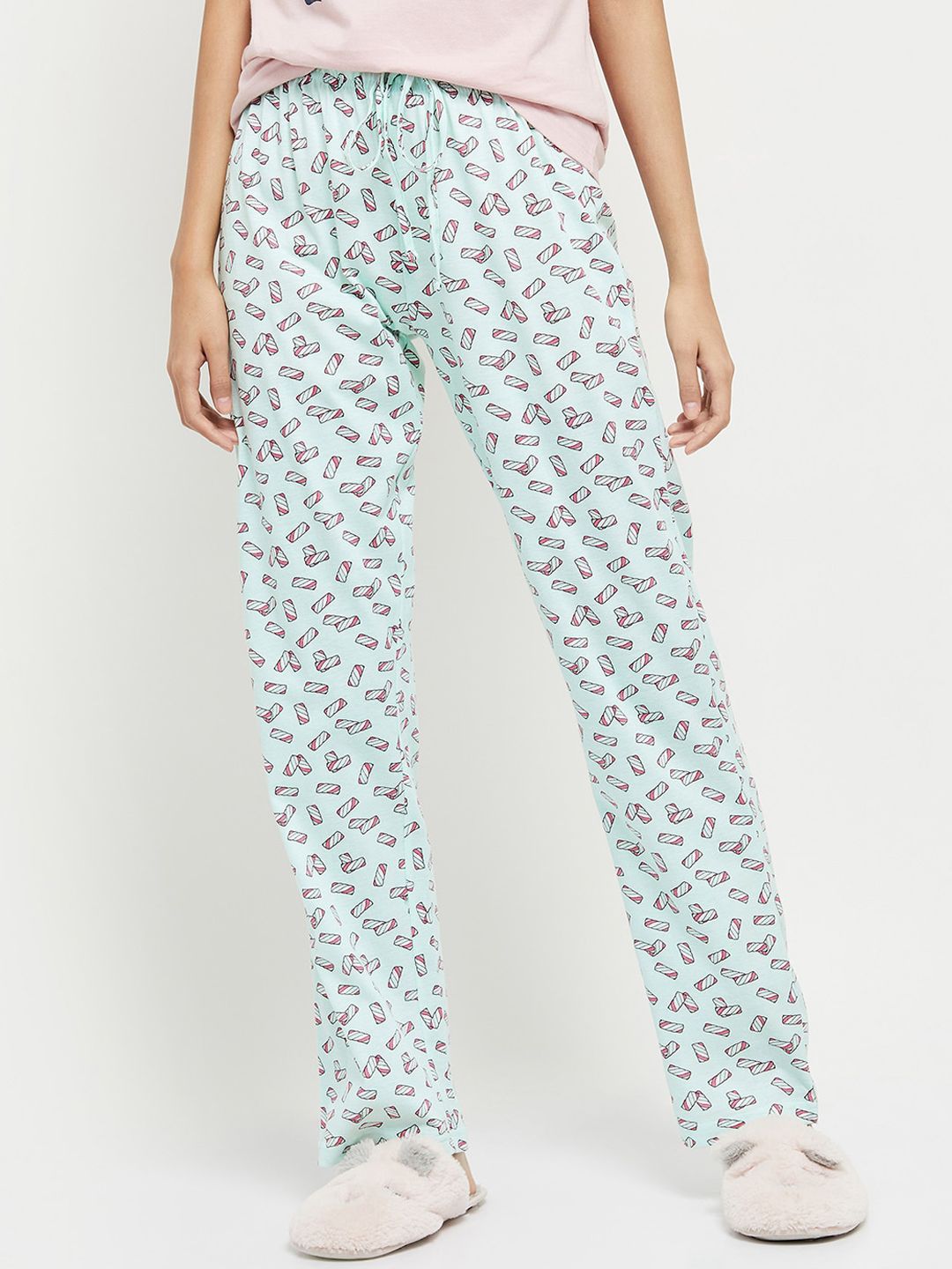 max Women Mint Green & Pink Printed Pure Cotton Lounge Pants Price in India