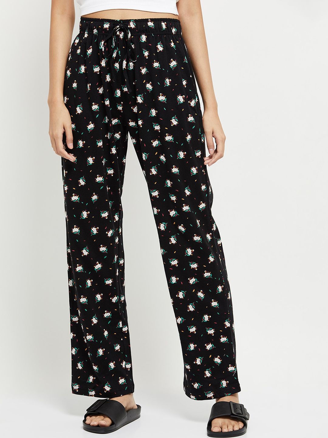 max Women Black Printed Pure Cotton Lounge Pants Price in India