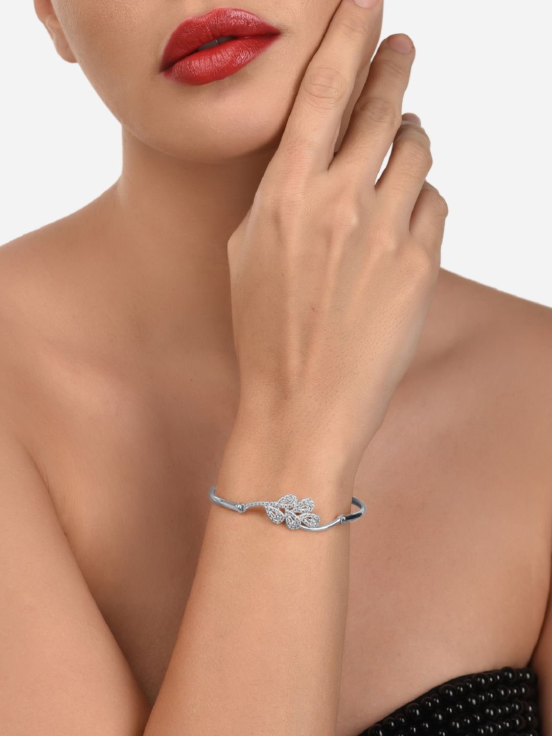 AMI Women Silver-Toned & White Brass Cubic Zirconia Silver-Plated Kada Bracelet Price in India