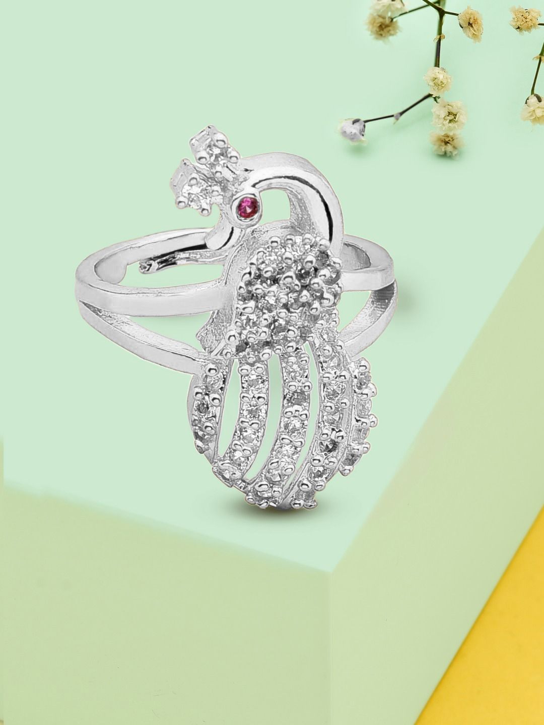 AMI Silver-Plated White CZ-Studded Adjustable Finger Ring Price in India