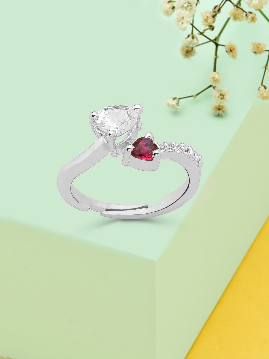 AMI Silver-Plated White & Pink CZ-Studded Adjustable Finger Ring Price in India
