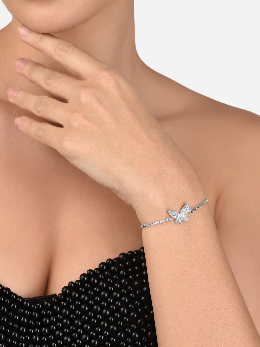 AMI Women Silver-Toned & White Brass Cubic Zirconia Silver-Plated Wraparound Bracelet Price in India