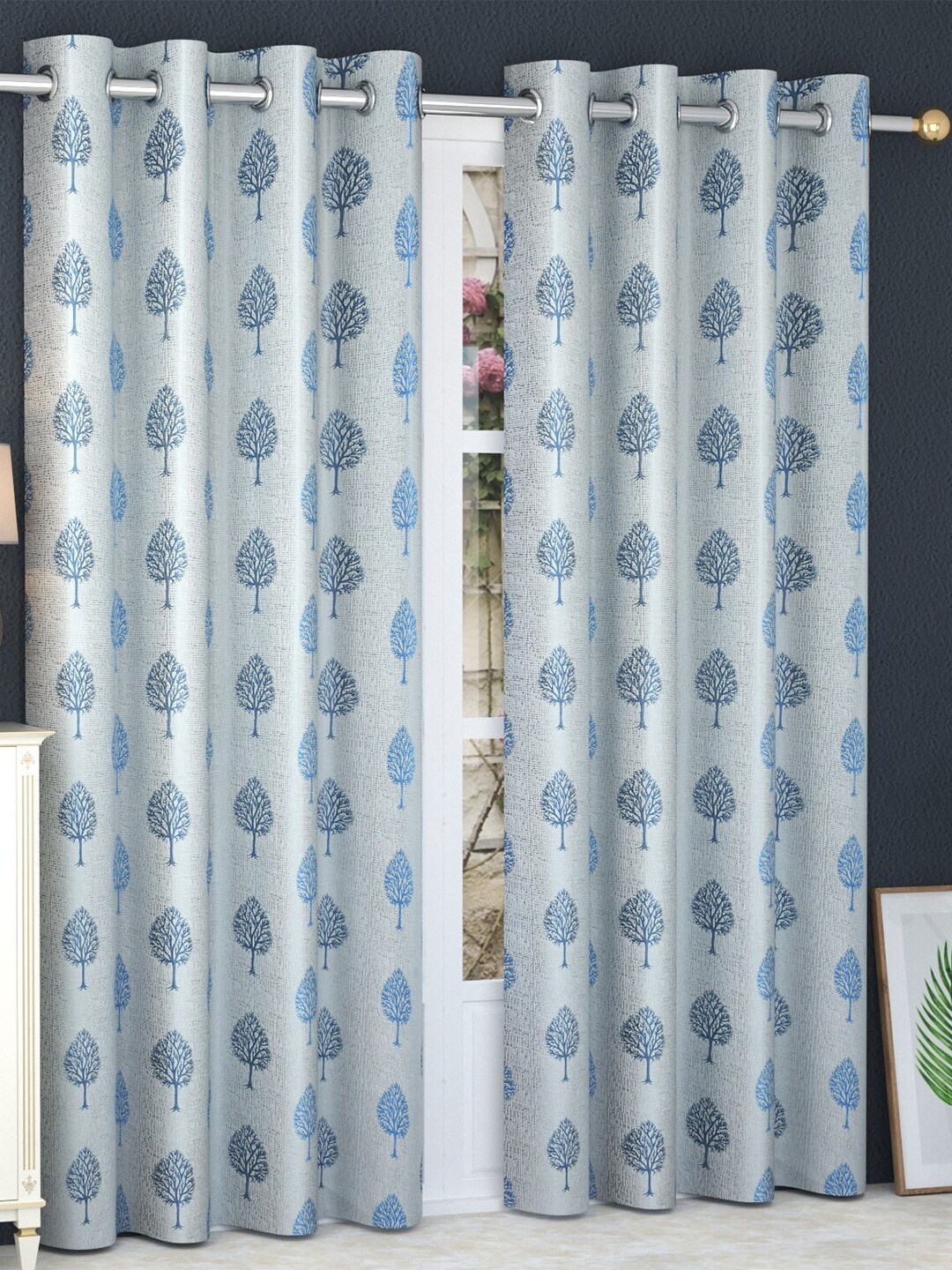 MULTITEX Blue Set of 2 Floral Long Door Curtain Price in India