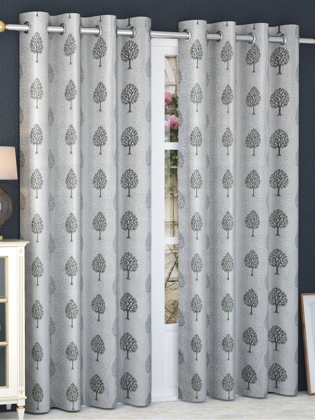 MULTITEX Grey Set of 2 Floral Printed Long Door Curtain Price in India