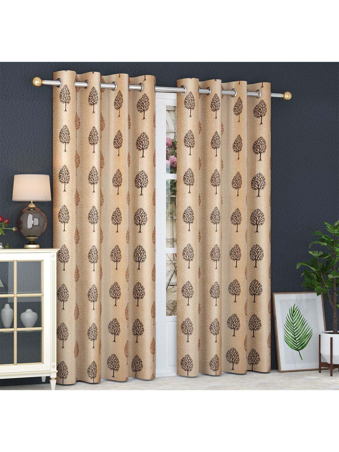 MULTITEX Brown Set of 2 Floral Printed Long Door Curtain Price in India
