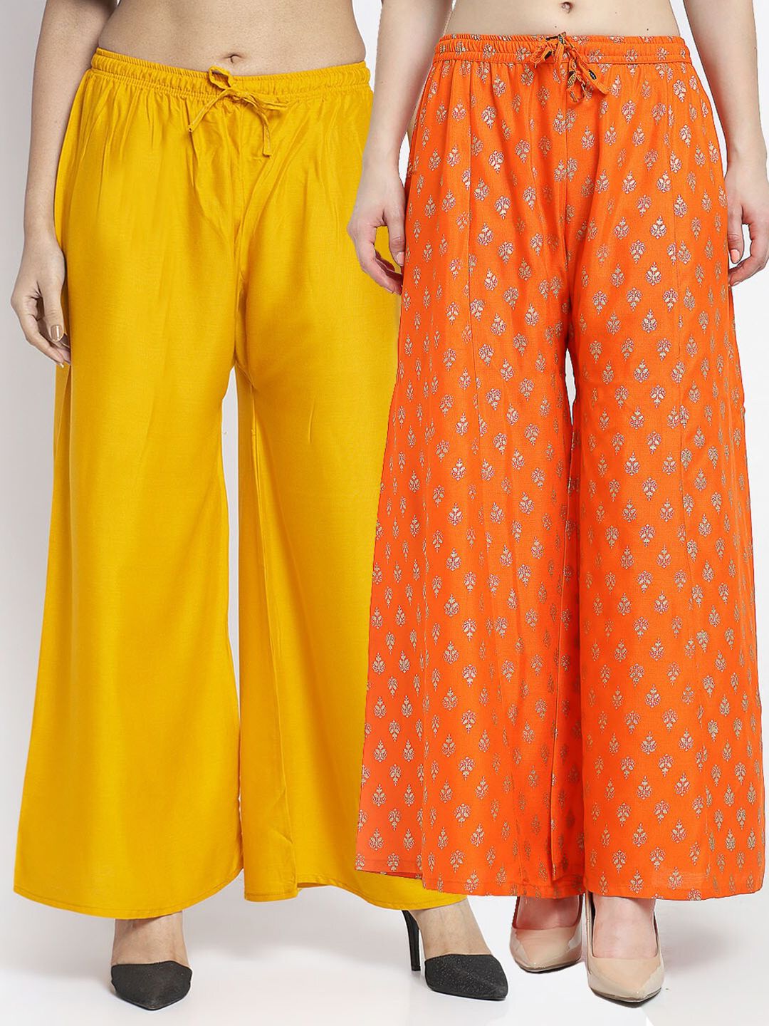 Jinfo Women Set Of 2 Yellow & Orange Flared Knitted Ethnic Palazzos Price in India