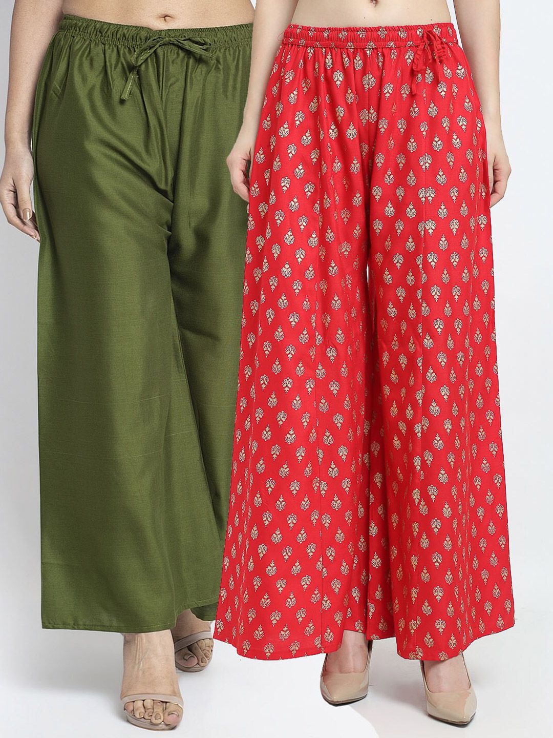 Jinfo Women Pack Of 2 Red & Green Printed Palazzos Price in India