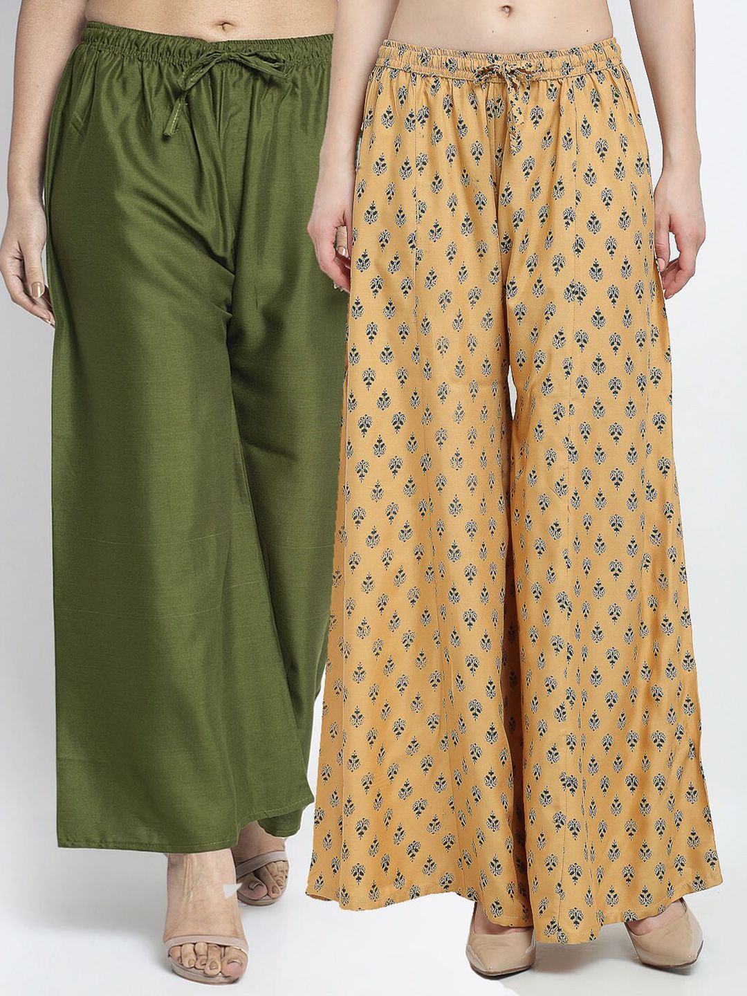 Jinfo Women Set Of 2 Olive Green & Beige Flared Knitted Ethnic Palazzos Price in India