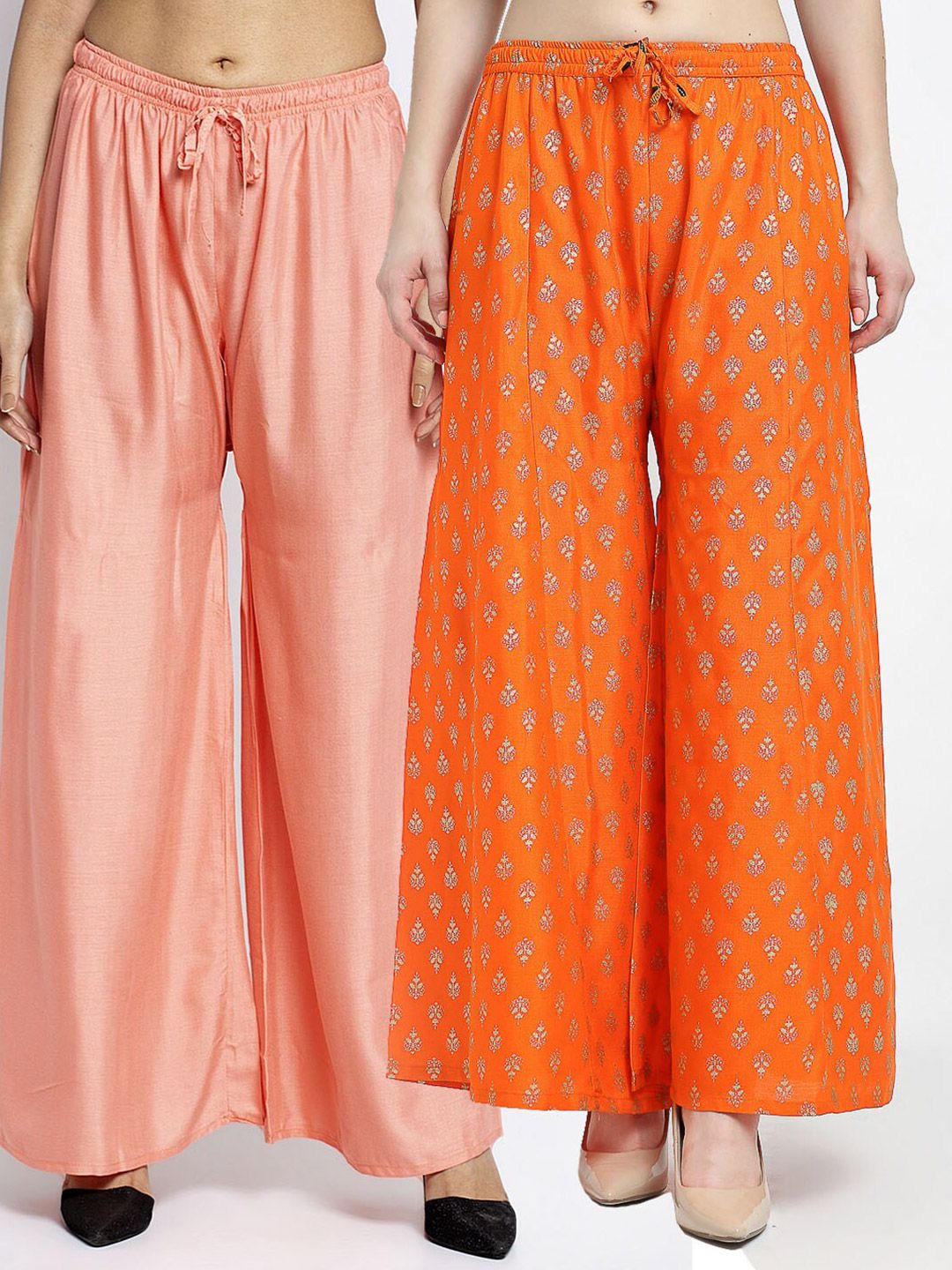 Jinfo Women Peach-Coloured & Orange 2 Ethnic Motifs Printed Flared Ethnic Palazzos Price in India