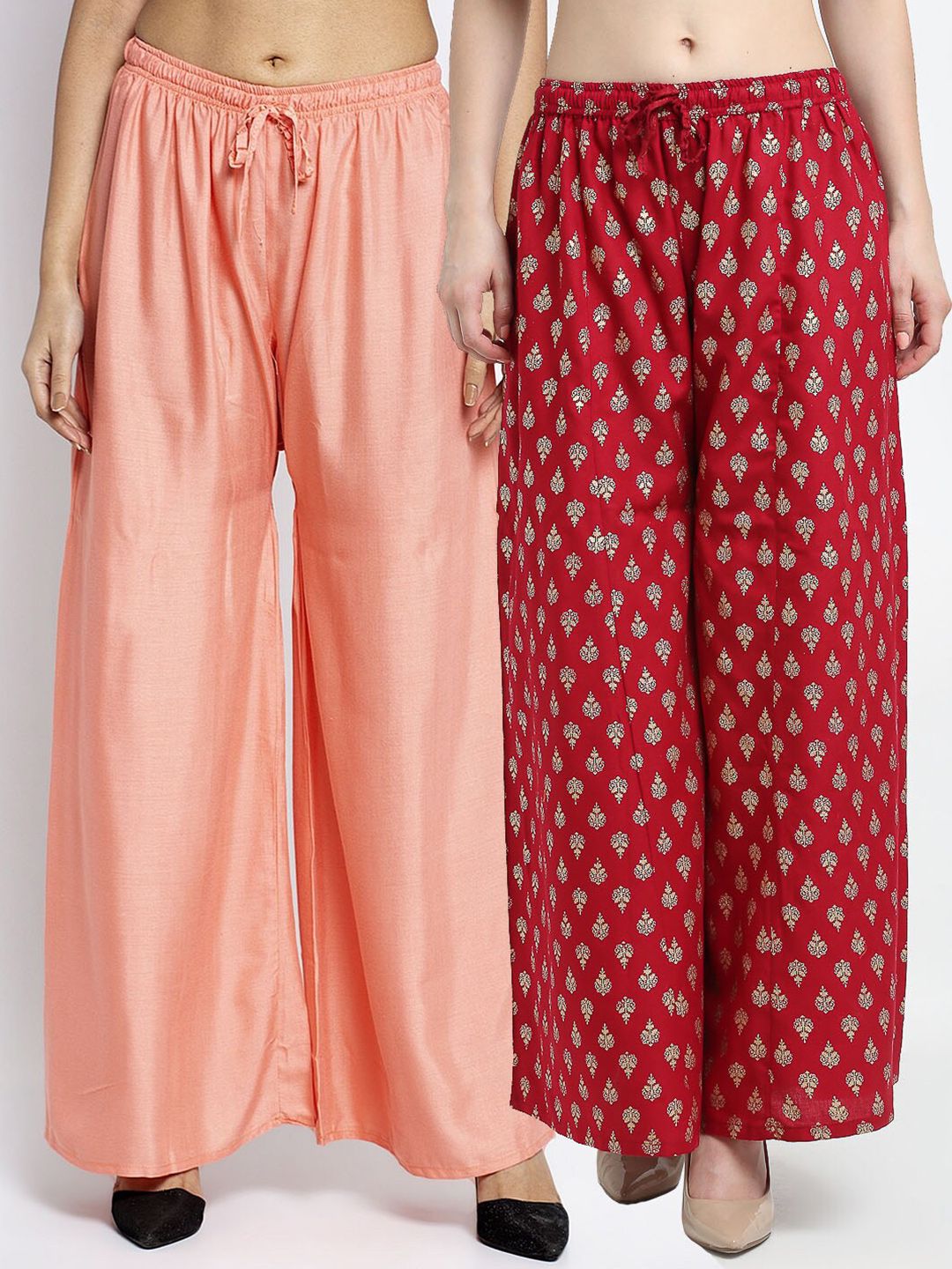 Jinfo Women Peach-Coloured & Red 2 Ethnic Motifs Printed Flared Knitted Ethnic Palazzos Price in India