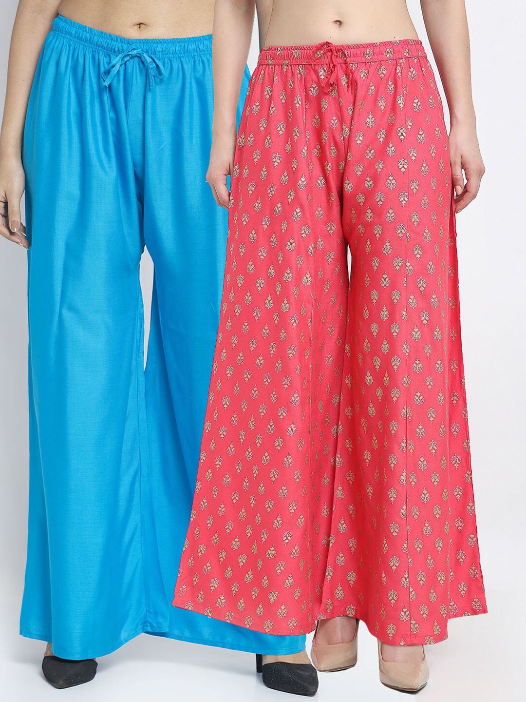 Jinfo Women Blue & Pink 2 Ethnic Motifs Printed Flared Knitted Ethnic Palazzos Price in India