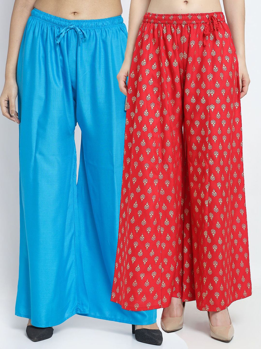 Jinfo Women Turquoise Blue & Red Set Of 2 Ethnic Motifs Printed Flared Palazzos Price in India