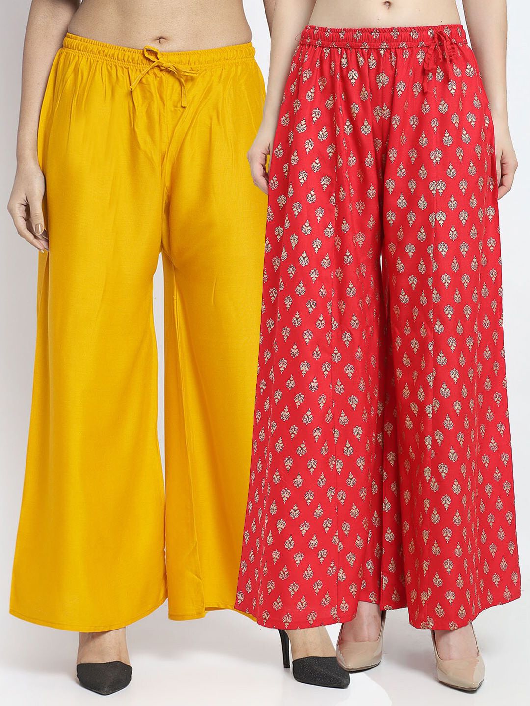 Jinfo Women Yellow & Red 2 Ethnic Motifs Printed Flared Knitted Ethnic Palazzos Price in India