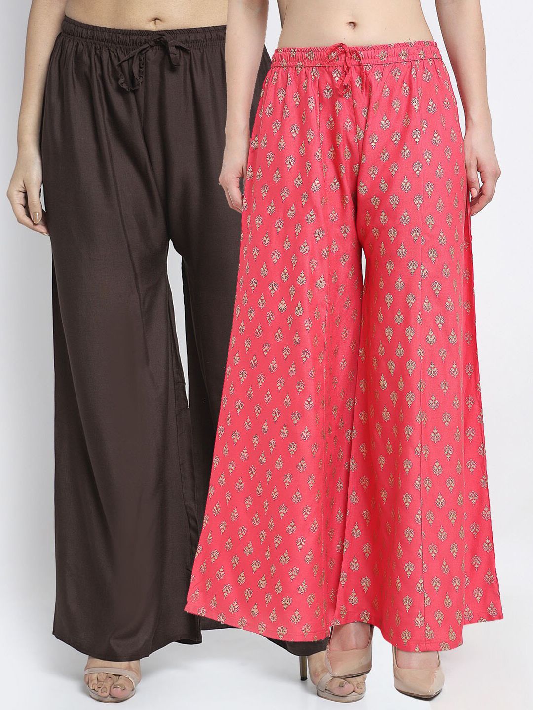 Jinfo Women Brown & Peach Set Of 2 Ethnic Motifs Printed Flared Ethnic Palazzos Price in India