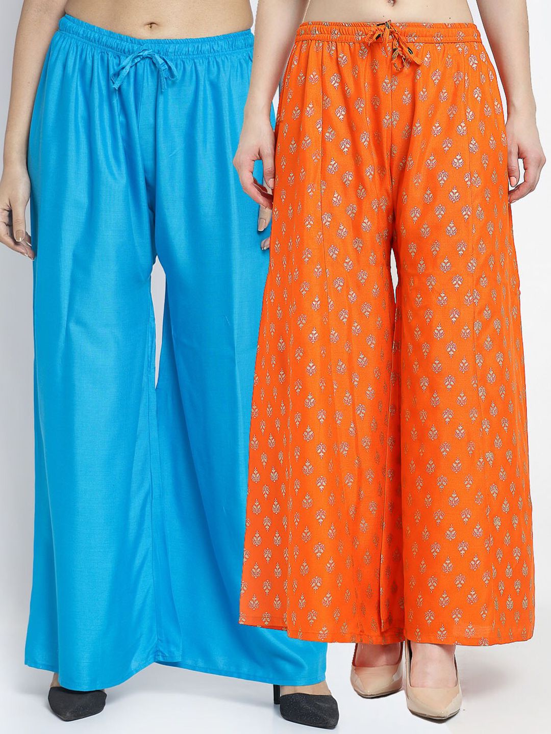 Jinfo Women Set Of 2 Blue & Orange Ethnic Motifs Printed Ethnic Palazzos Price in India