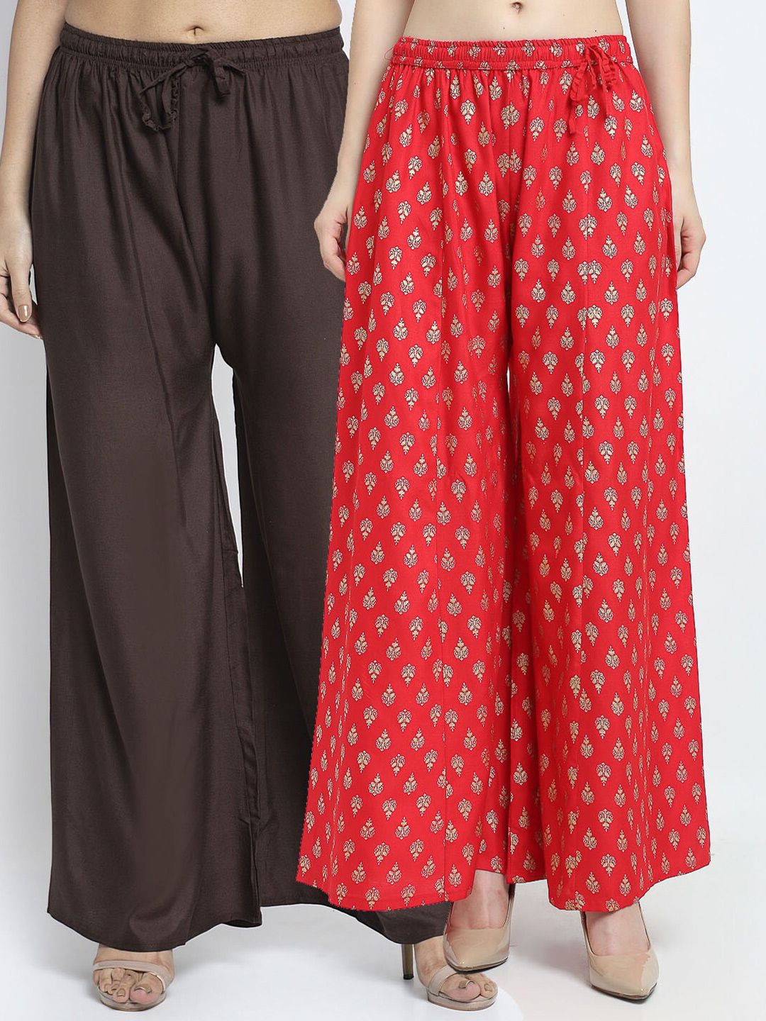 Jinfo Women Set of 2 Brown & Red Ethnic Motifs Printed Knitted Ethnic Palazzos Price in India