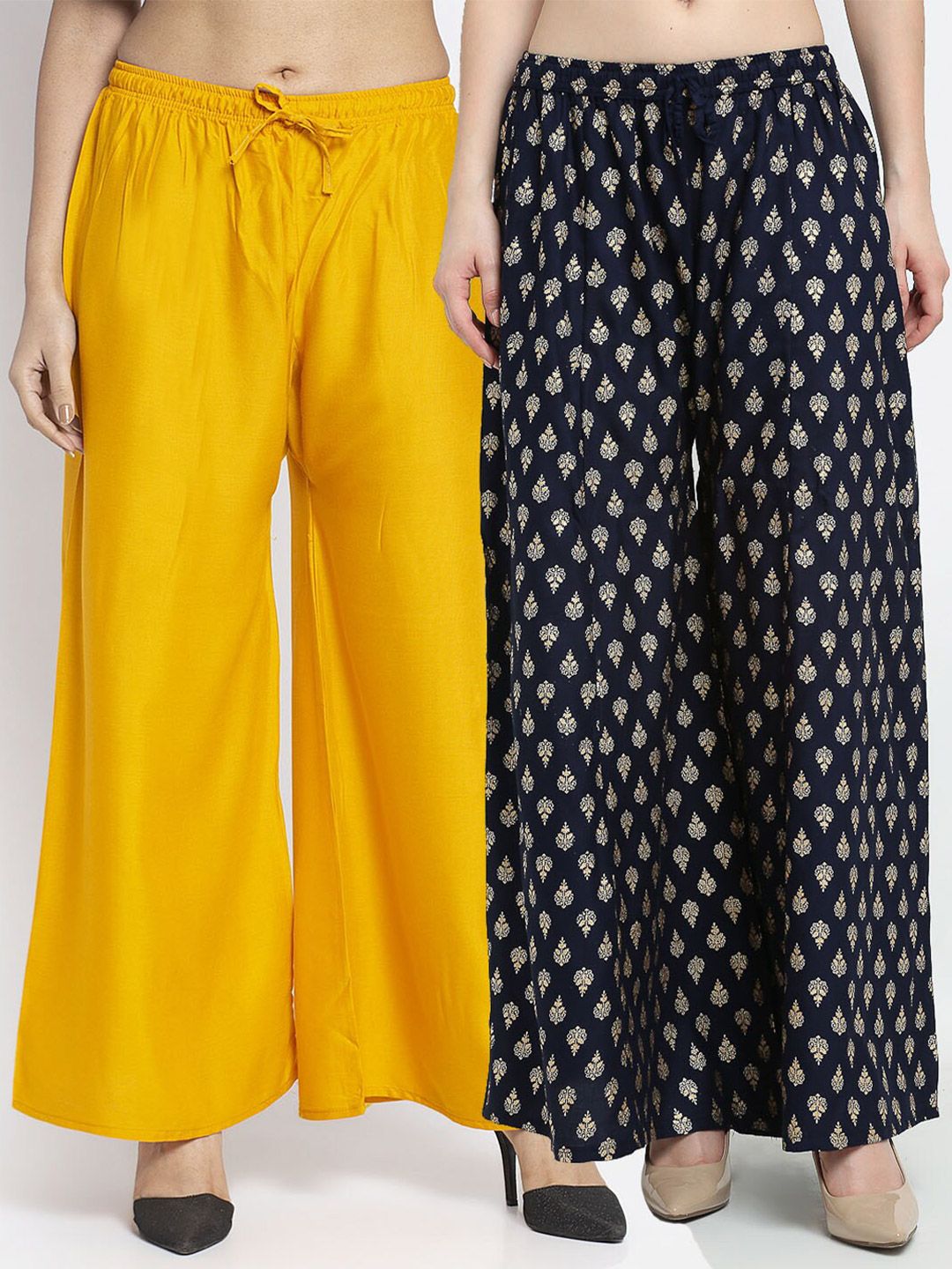 Jinfo Women Pack Of 2 Yellow & Navy Blue Printed Palazzos Price in India