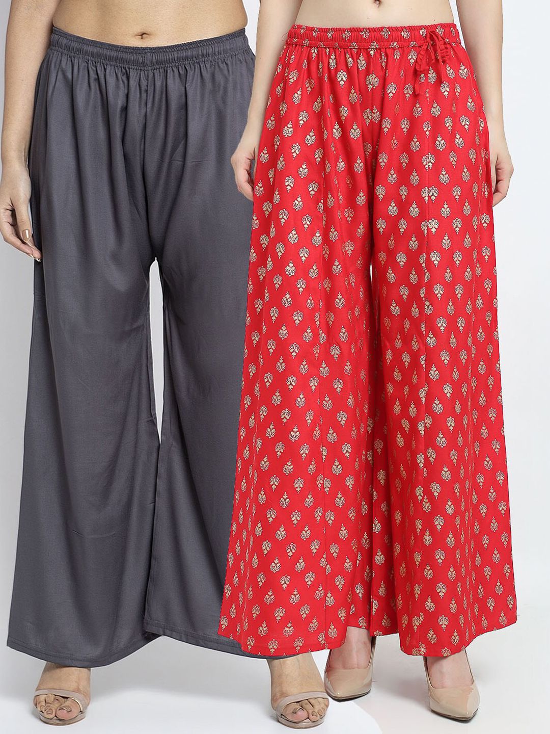 Jinfo Women Set of 2 Grey & Red Floral Printed Knitted Ethnic Palazzos Price in India