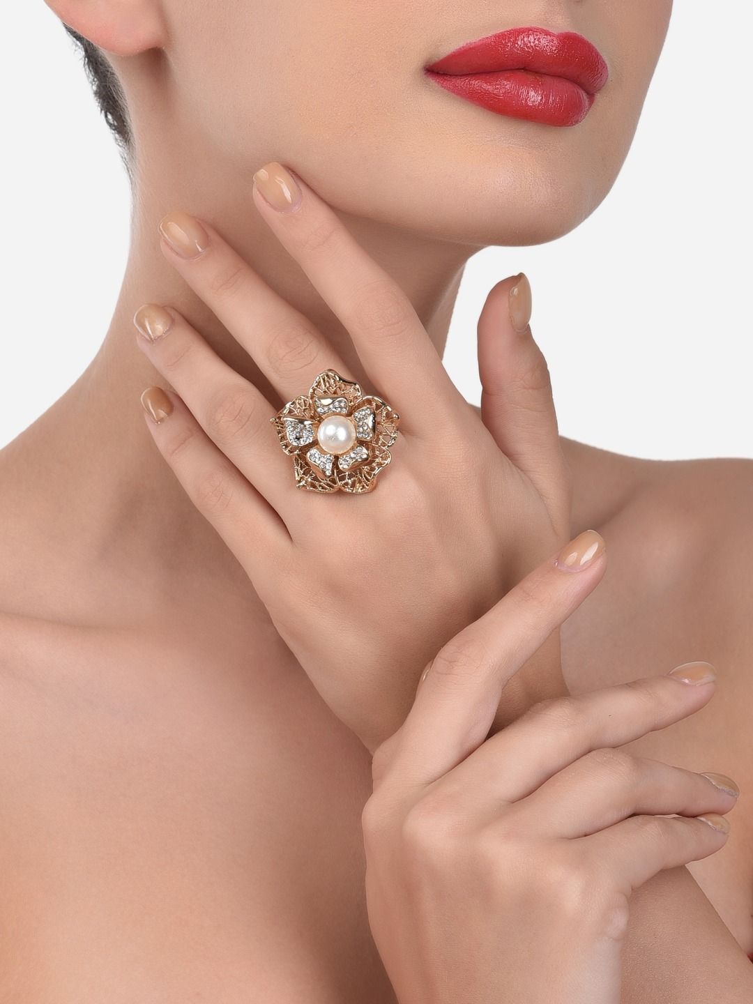 Zaveri Pearls Gold-Plated Austrian Diamond-Studded Adjustable Flower Finger Ring Price in India