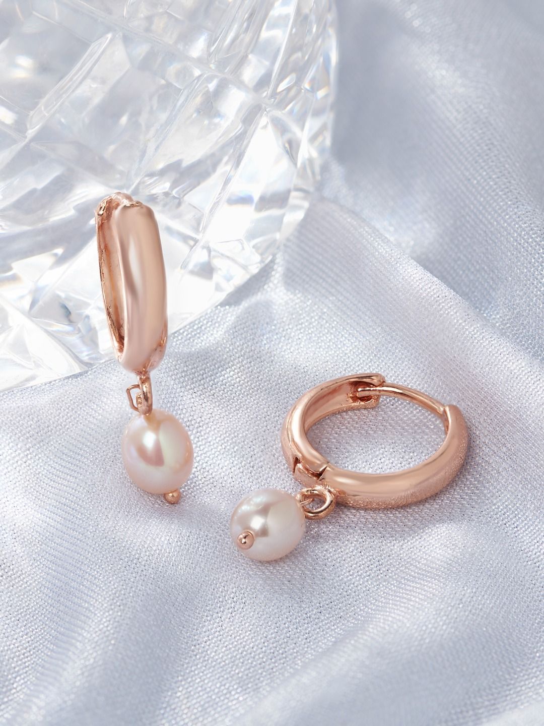 Zaveri Pearls Rose Gold-Plated & White Hoop Earrings Price in India