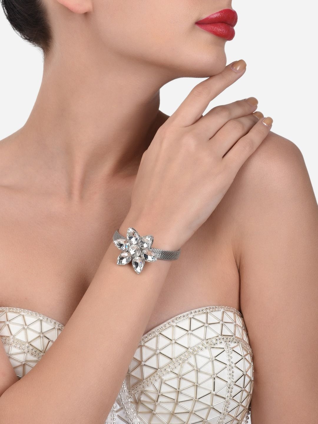 Zaveri Pearls Women Silver-Plated & White Kada Bracelet Price in India