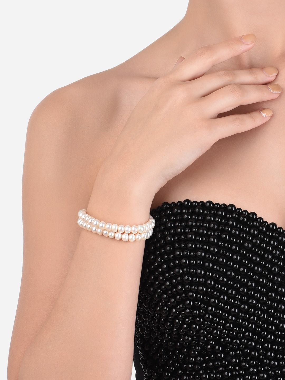 Zaveri Pearls Gold-Plated & White Freshwater Natural Pearls Dual Strand Bracelet Price in India