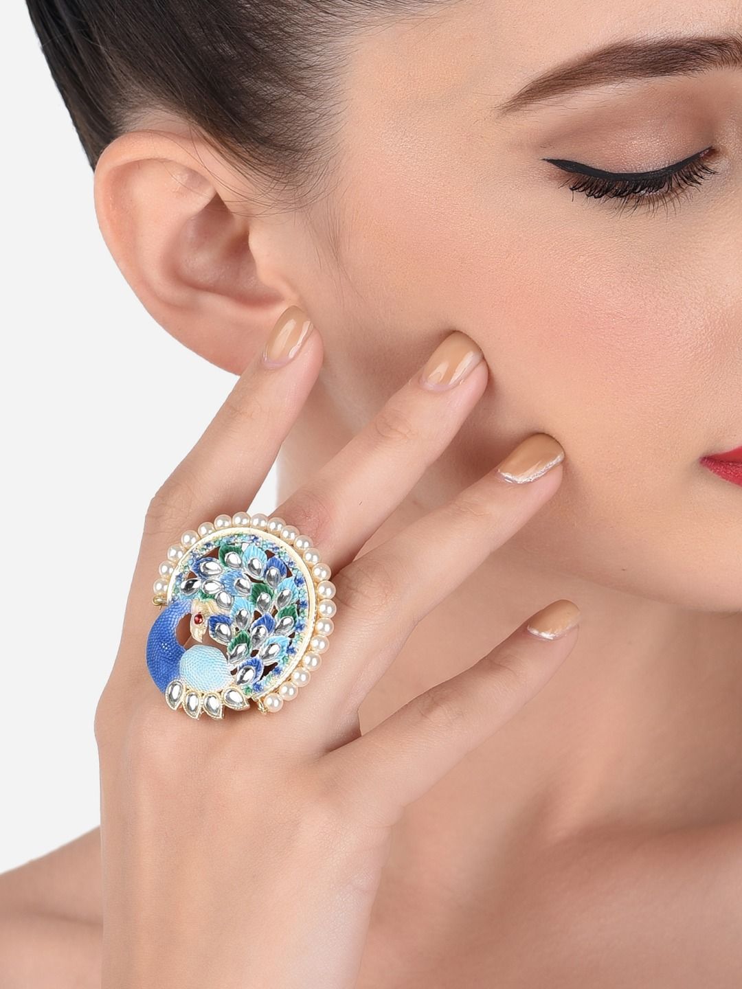 Zaveri Pearls Gold-Plated White & Blue Kundan-Studded & Beaded Meenakari Finger Ring Price in India