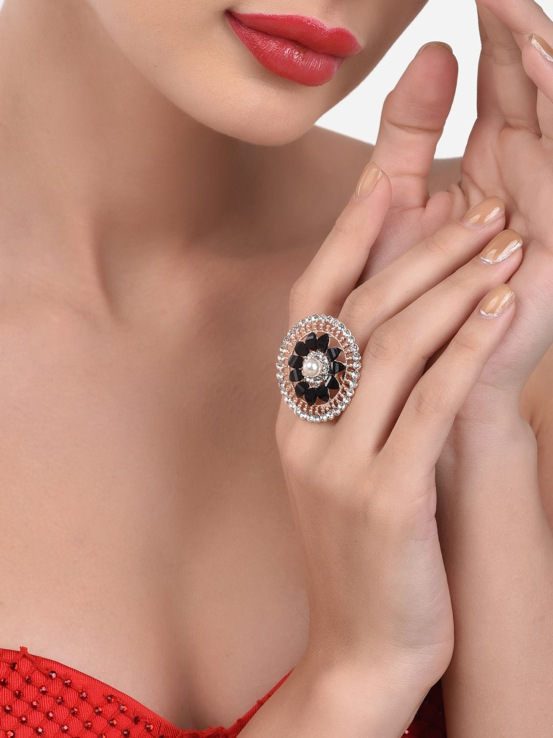 Zaveri Pearls Rose Gold-Plated Black & White Stone-Studded Adjustable Finger Ring Price in India