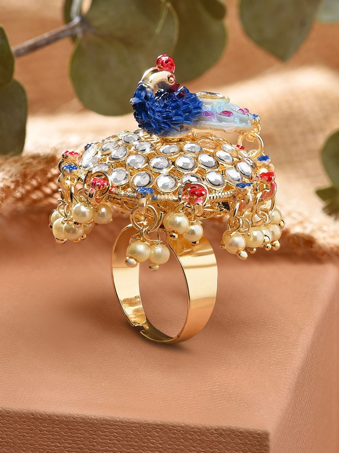Zaveri Pearls Gold-Plated Blue & White Kundan Studded Meenakari Adjustable Finger Ring Price in India