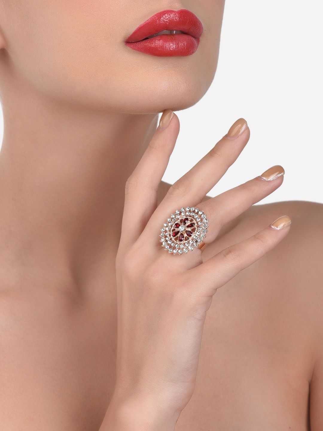 Zaveri Pearls Rose Gold-Plated Red Stone Studded Adjustable Contemporary Finger Ring Price in India