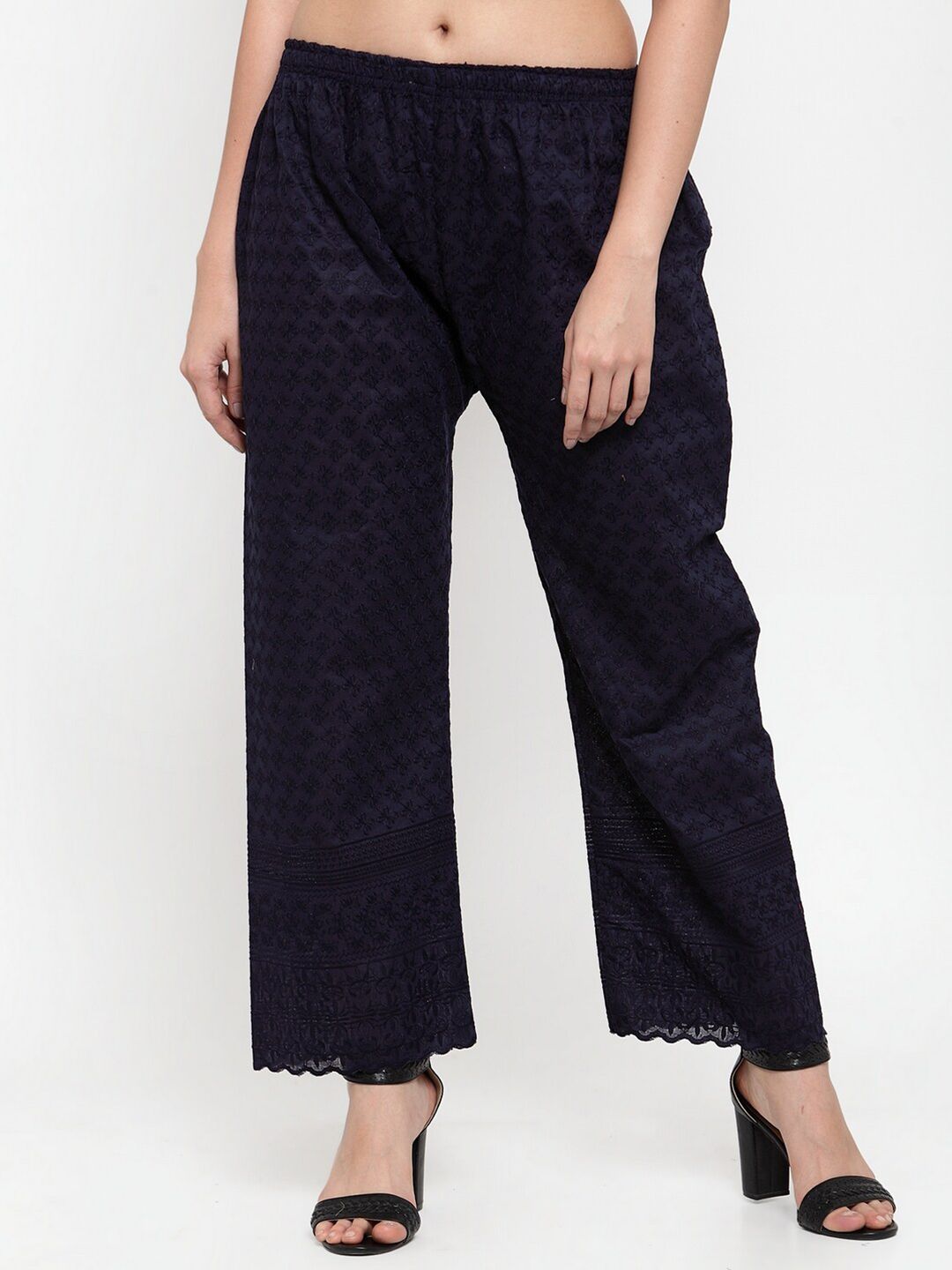 Miaz Lifestyle Women Navy Blue Ethnic Motifs Knitted Straight Palazzos