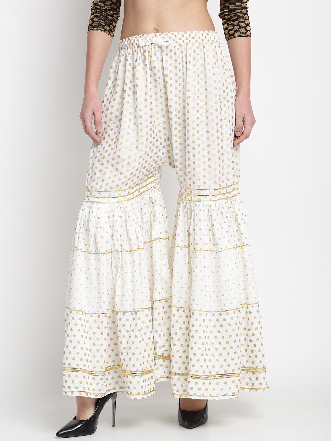 Miaz Lifestyle Women Off White & Gold-Toned Printed Flared Knitted Ethnic Palazzos Price in India