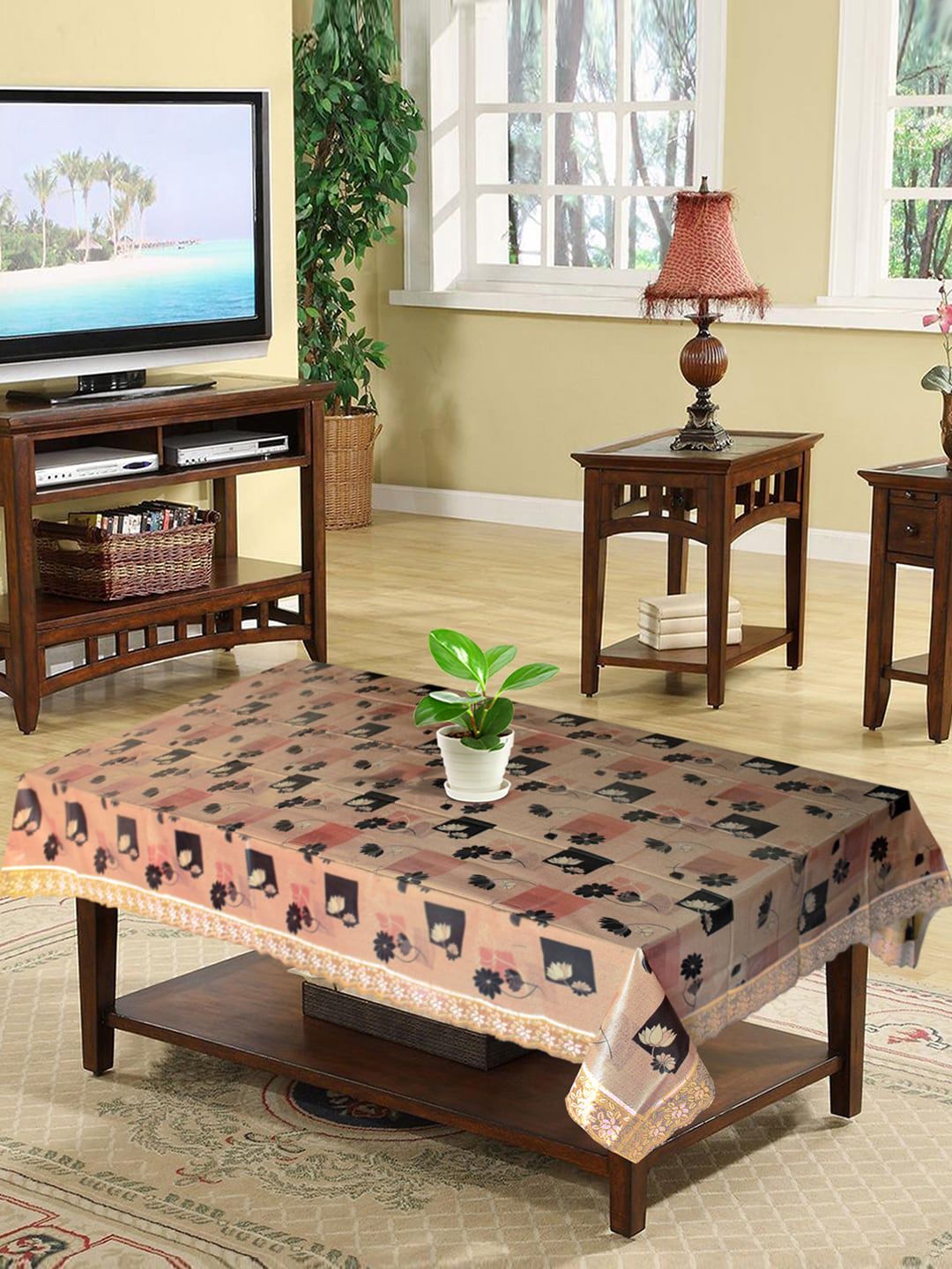 Kuber Industries Gold-Toned & Beige Printed 4-Seater Table Cover Price in India