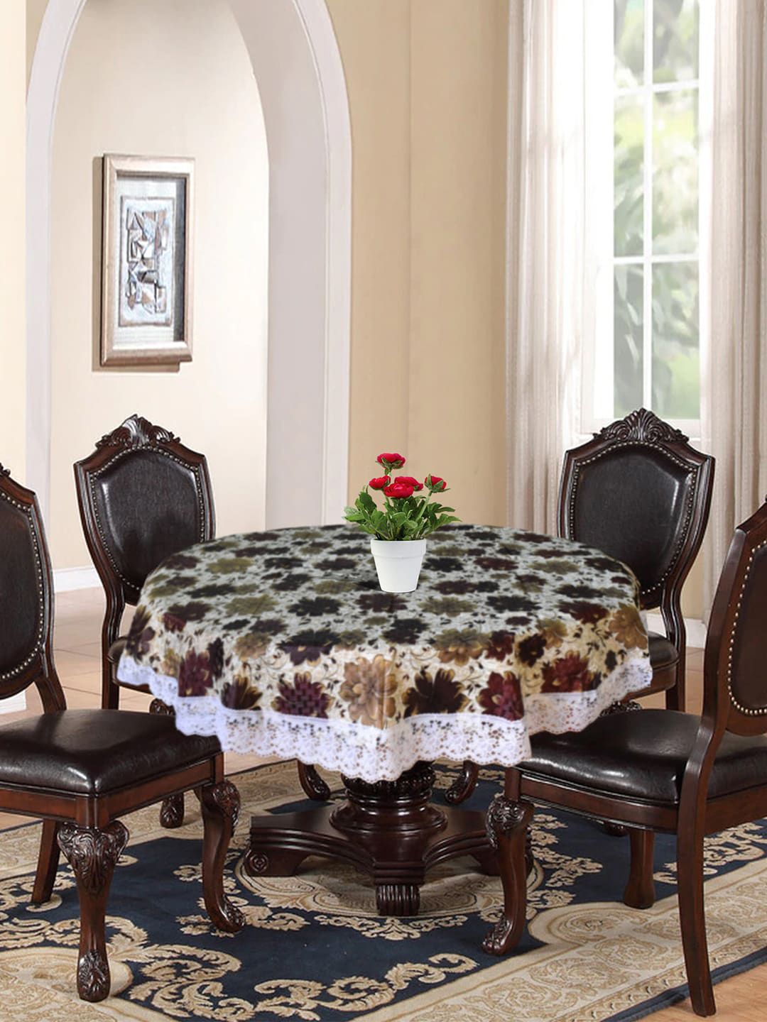 Kuber Industries Brown Printed 4-Seater Round Table Cover Price in India