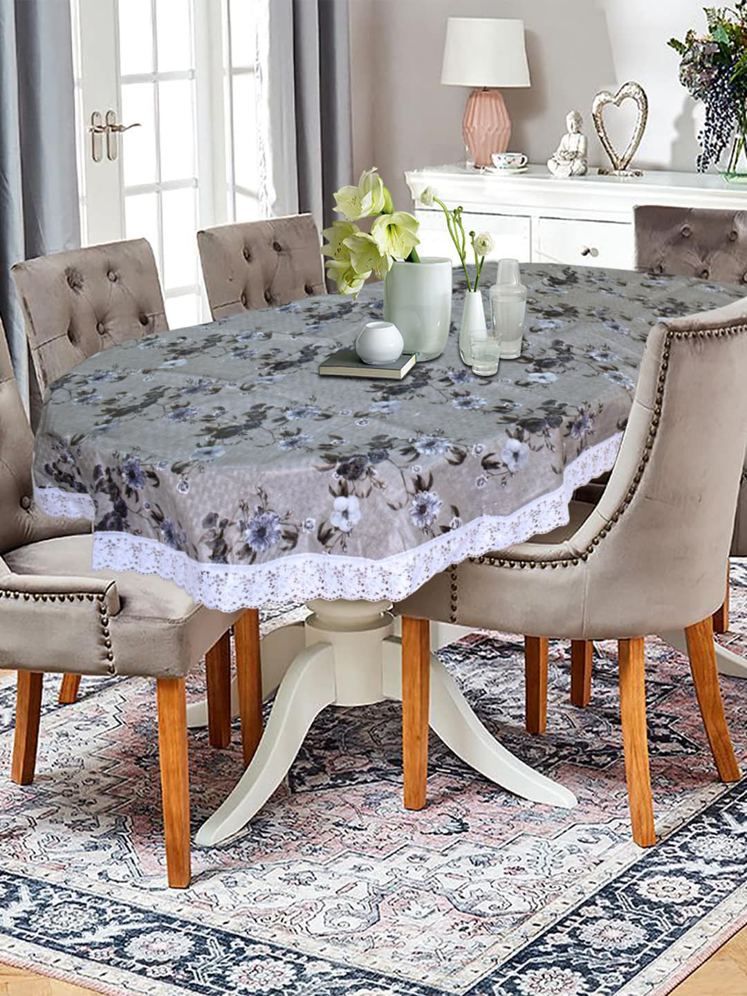 Kuber Industries Grey Flower Printed 6 Seater Oval Shape Table Cover Price in India