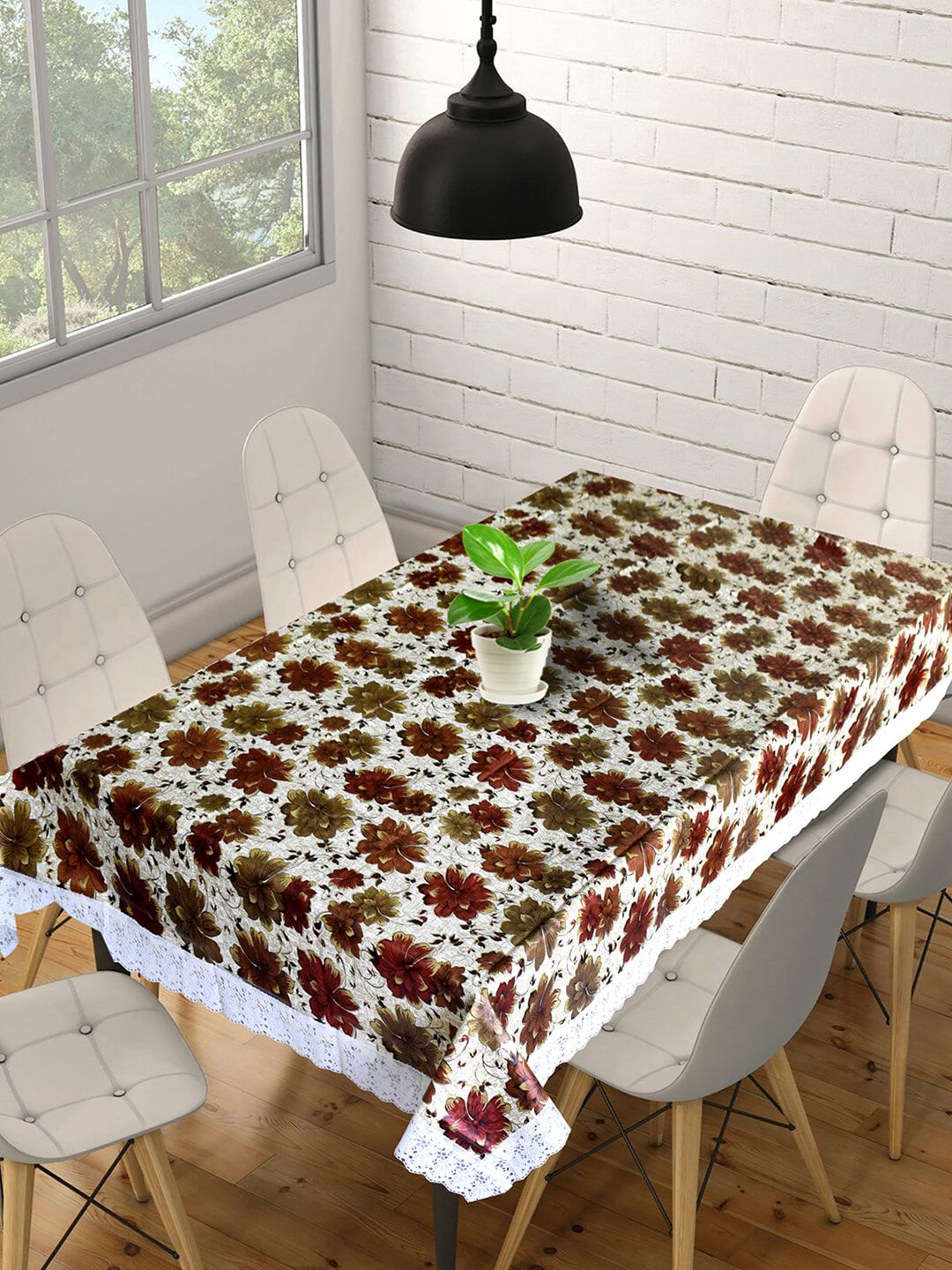 Kuber Industries Brown & White Floral Printed 6-Seater Table Cover Price in India