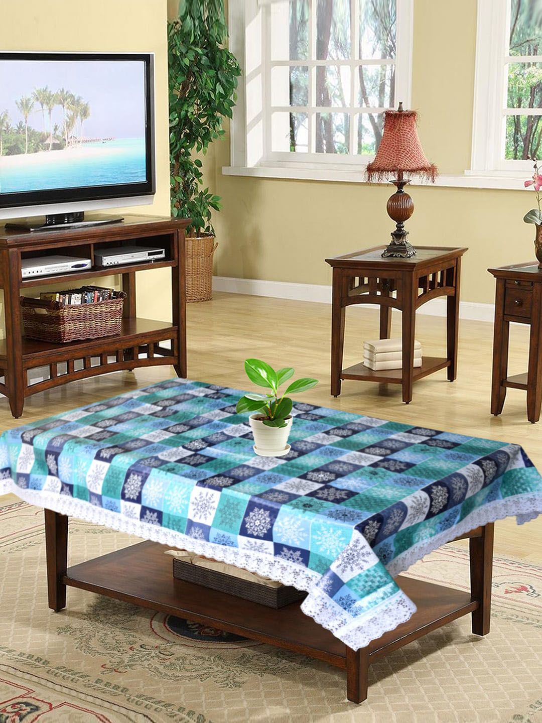 Kuber Industries Blue Multicheck Printed 4-Seater Rectangle PVC Table Cover Price in India