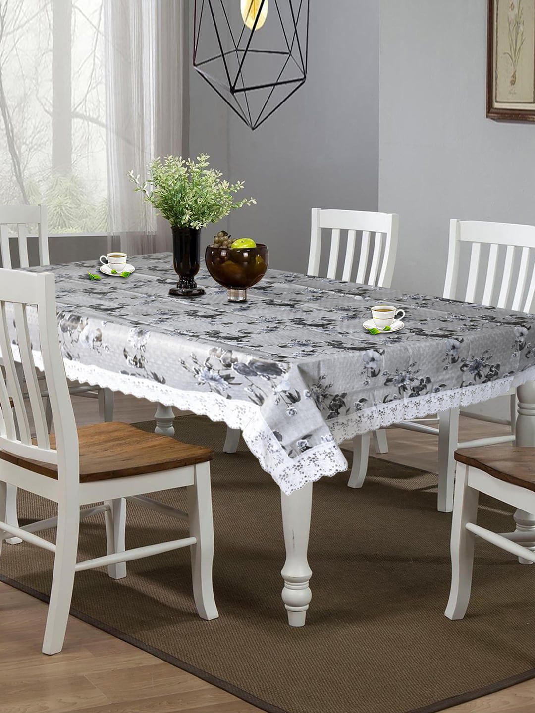 Kuber Industries Grey & Black Floral Printed 6-Seater Table Cover Price in India