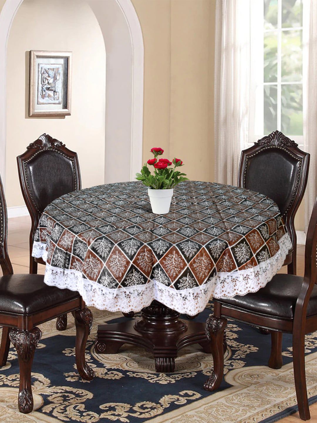 Kuber Industries Black & Brown Printed 4 Seater Round Shape Table Cover Price in India