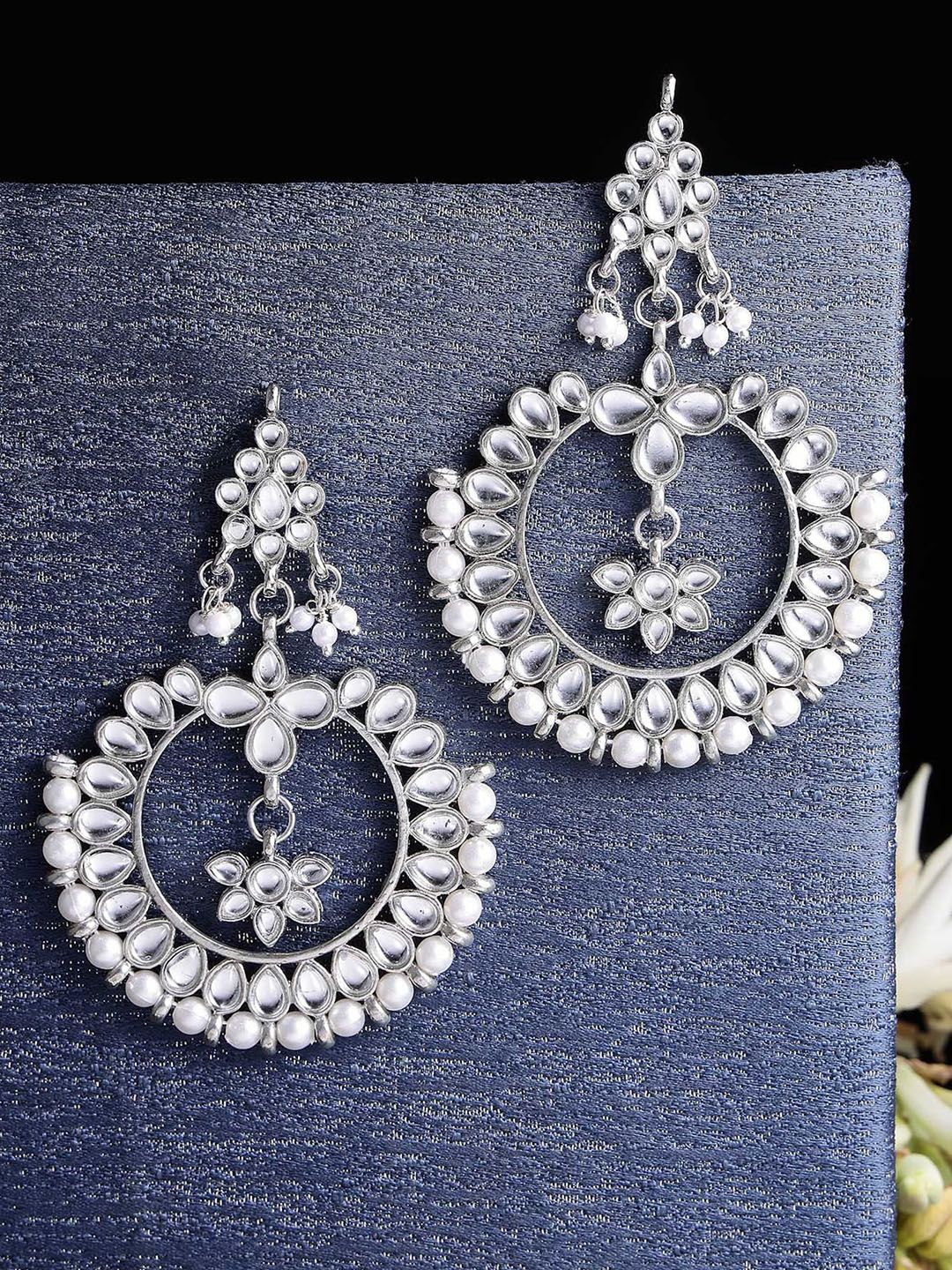 KARATCART Silver Plated Kundan Studded Chandbalis Earrings Price in India