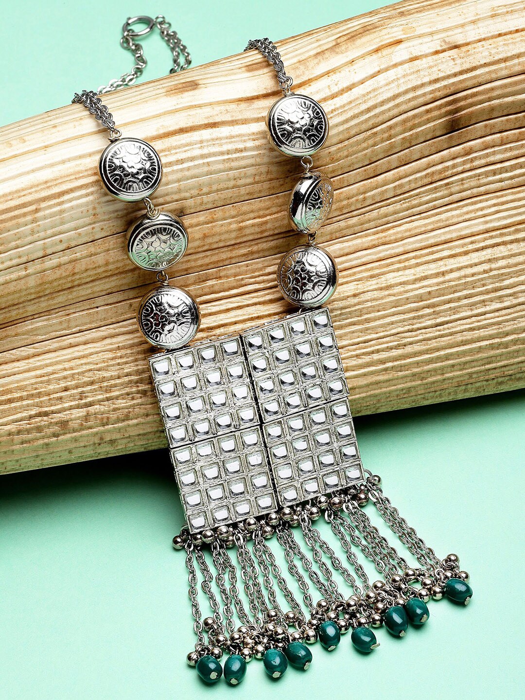 KARATCART Silver-Toned & Green Silver-Plated Oxidised Necklace Price in India