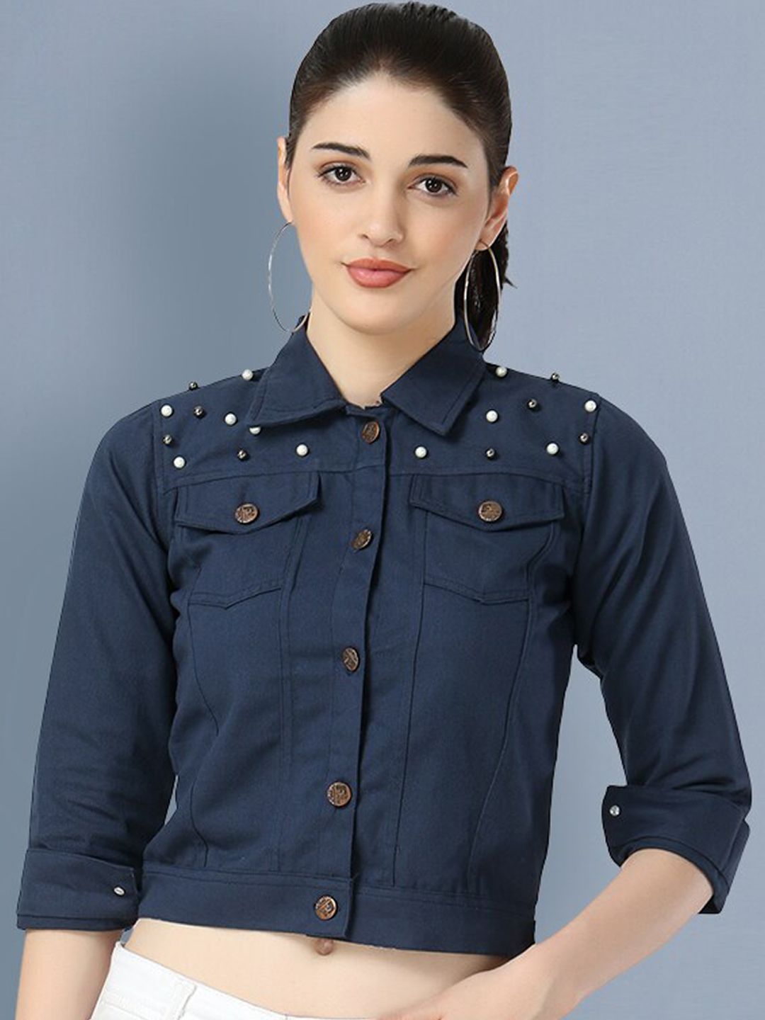 BUY NEW TREND Women Navy Blue Lightweight Crop Denim Jacket with Embroidered Price in India