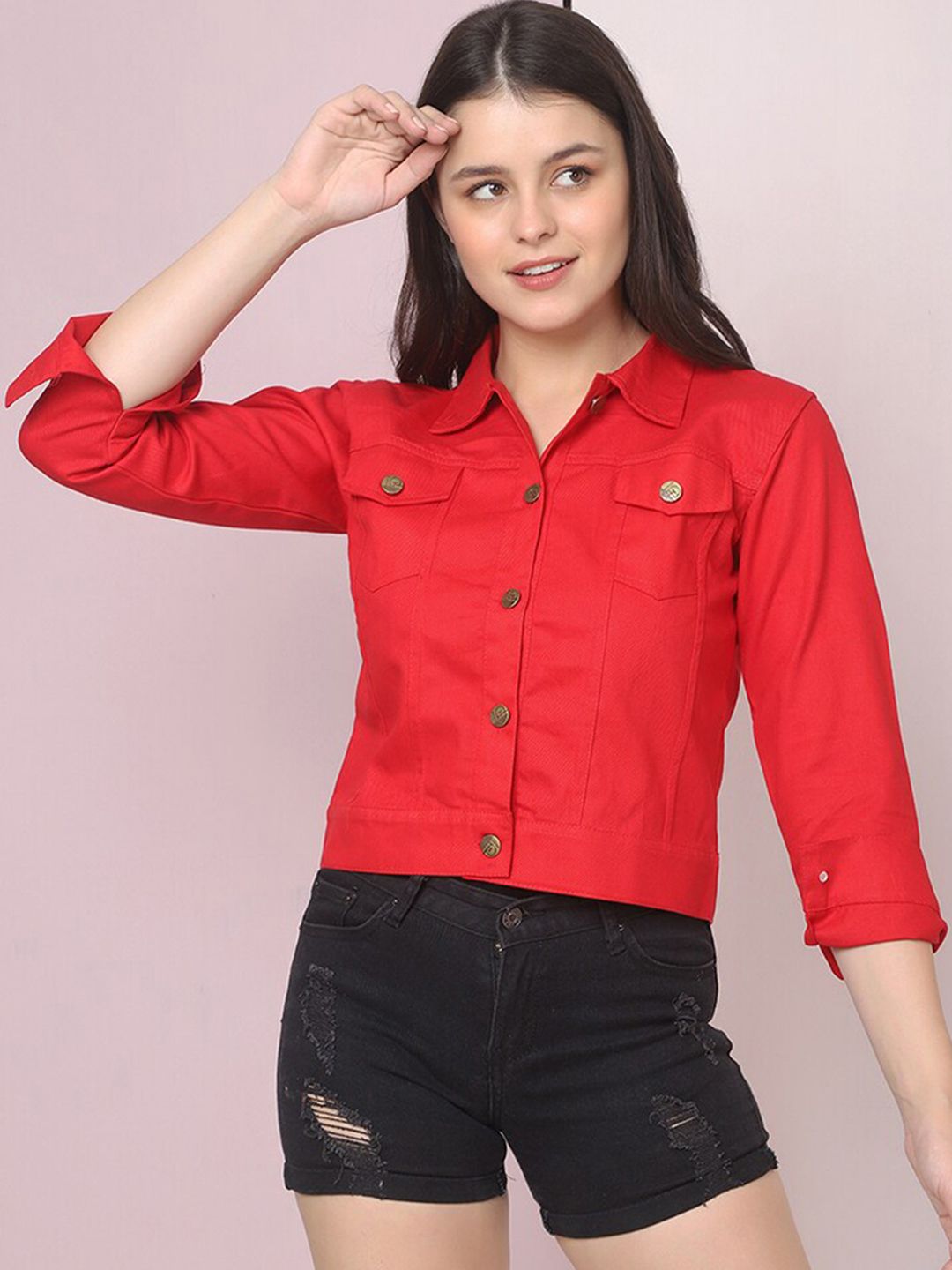 BUY NEW TREND Women Red Lightweight Crop Denim Jacket Price in India