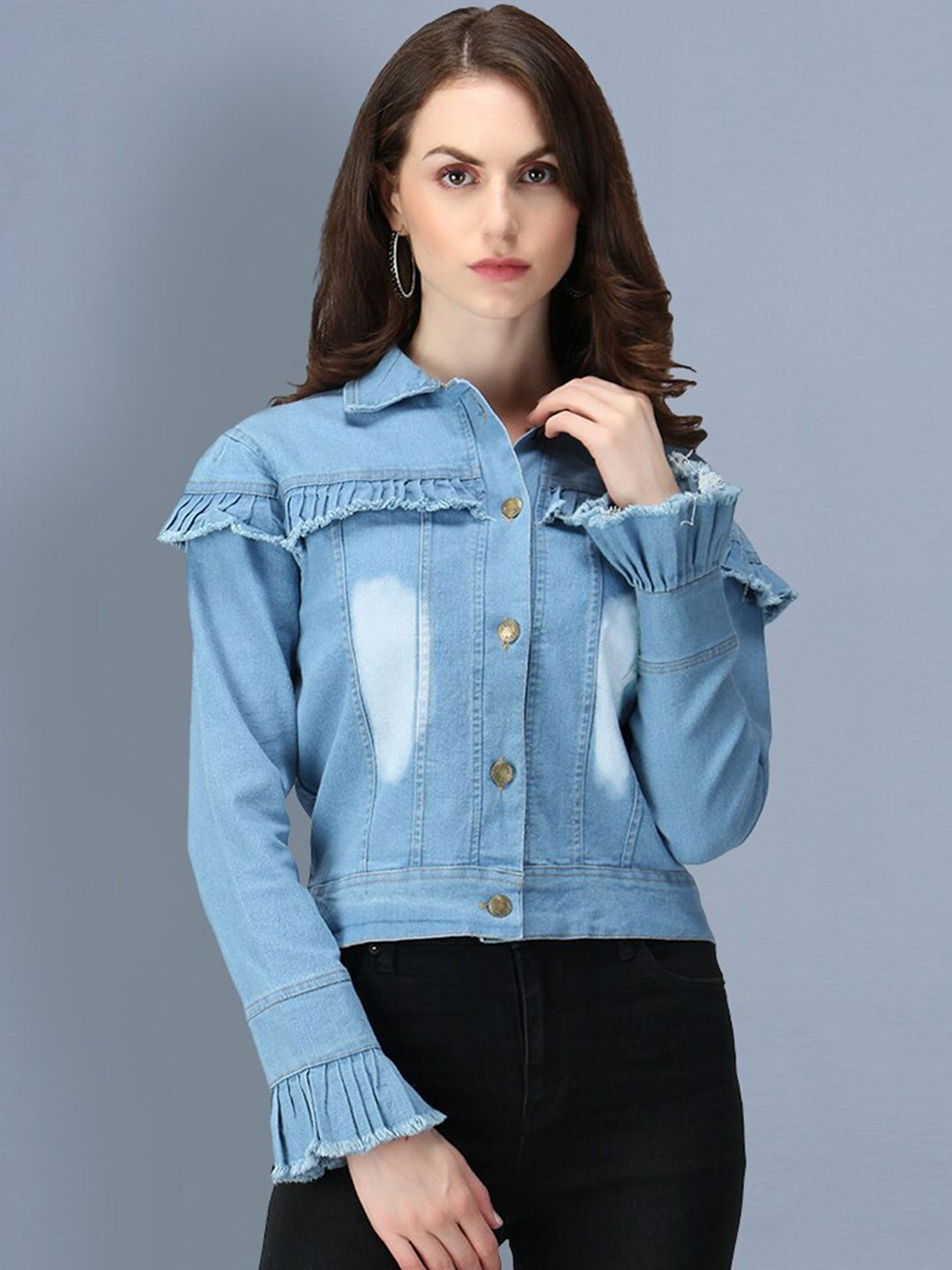 BUY NEW TREND Women Blue Washed Lightweight Crop Denim Jacket Price in India