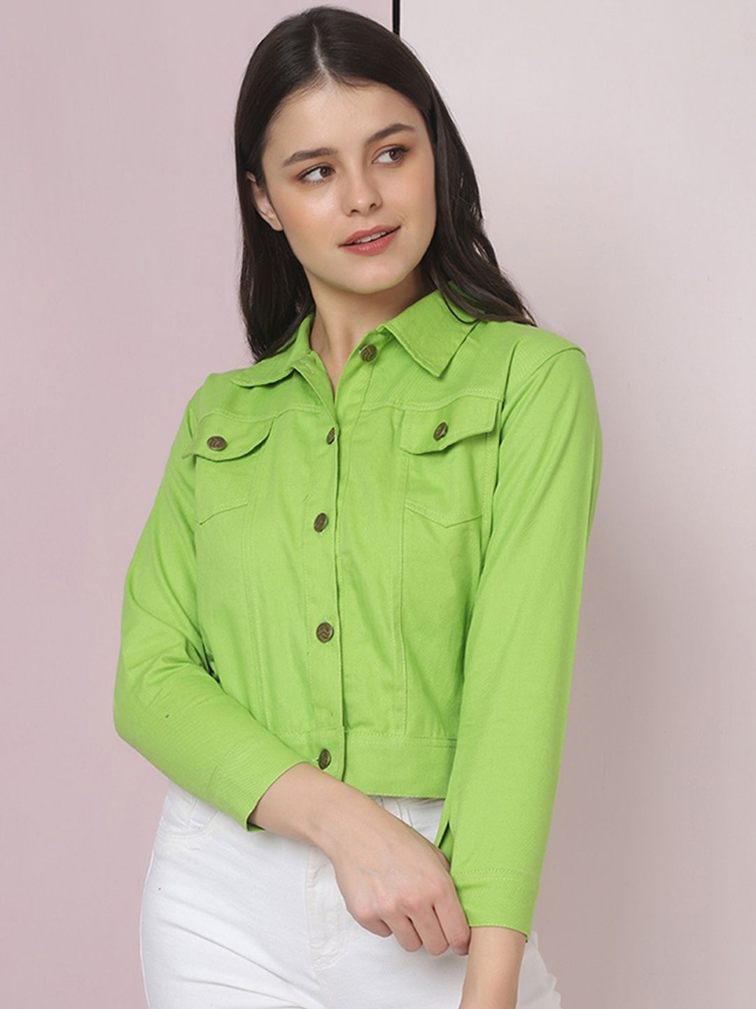 BUY NEW TREND Women Green Colourblocked Lightweight Crop Denim Jacket with Patchwork Price in India