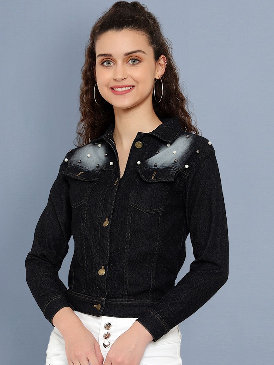 BUY NEW TREND Women Black Washed Lightweight Crop Denim Jacket Price in India